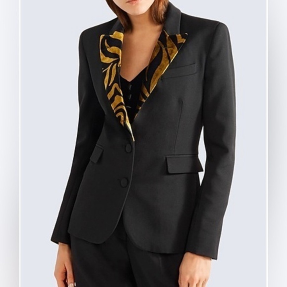 Hillier Bartley Women’s 8 Black Wool Blazer Velvet Tiger Print Lapel Old Money